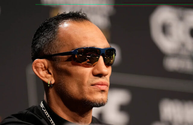 Salt Lake City, Utah - 27. júla: Tony Ferguson je videný na pódiu počas tlačovej konferencie UFC 291 v Kongresovom centre Salt Palace 27. júla 2023 v Salt Lake City v Utahu. (Foto: Mike Roach/Zuffa LLC prostredníctvom Getty Images)