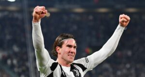 Dusan Vlahovic celebrates a goal for Juventus