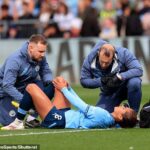 Na obrázku: Fowlerovi sa zaobchádza s personálmi Manchester City na sekundu po tom, čo minulú nedeľu praskla jej predný krížový väz.