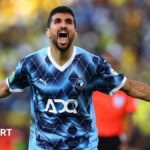 Walid El Karti celebrates scoring a late equaliser for Pyramids with team-mate Mohamed Chibi