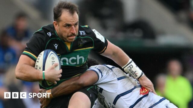 Burger Odendaal is tackled during Northampton's game against Castres