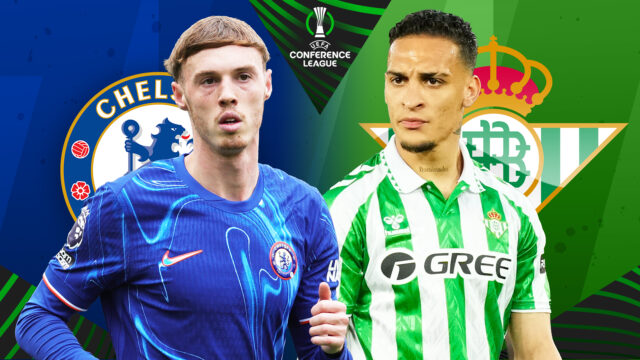 Conference League Cup je znázornený pred konferenčným futbalovým zápasom UEFA medzi skutočným Betisom a Chelsea FC vo Wroclawovi 28. mája 2025.