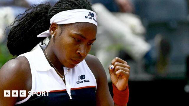 Coco Gauff clenches her fist after a winning a point against Mirra Andreeva