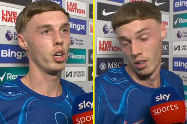 Londýn, Anglicko - 4. mája: Cole Palmer z Chelsea oslavuje svoj tretí gól počas zápasu Premier League medzi Chelsea FC a Liverpool FC na Stamford Bridge 4. mája 2025 v Londýne v Anglicku. (Fotka Jacques Feeney/offside/ofside cez Getty Images)
