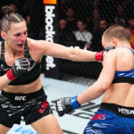 Edmonton, Alberta -02 November: (LR) Erin Blanchfield Pricks Rose Namajunas v bitke o mušku počas udalosti UFC Battle -Night na Rogers Place 2. novembra 2024 v Edmontone v Alberte. (Foto: Jeff Bottari/Zuffa LLC)