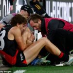 Harrison Jones bol odobratý z ihriska na nosidlách po tom, čo Essendon vyhral severný -Melbourne počas víťazstva