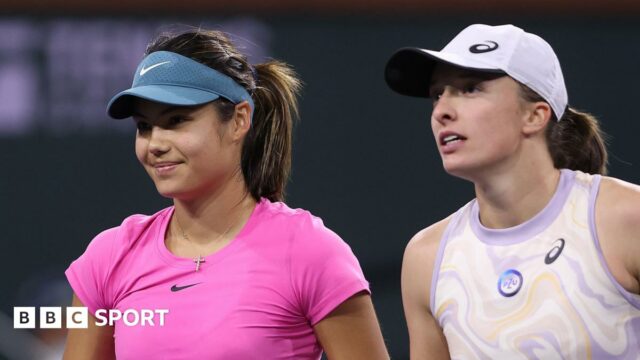 Emma Raducanu and Iga Swiatek after their match at Indian Wells in 2023