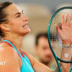 Aryna Sabalenka celebrates victory over Kamilla Rakhimova in the French Open first round