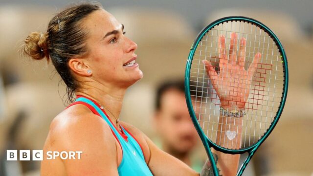 Aryna Sabalenka celebrates victory over Kamilla Rakhimova in the French Open first round