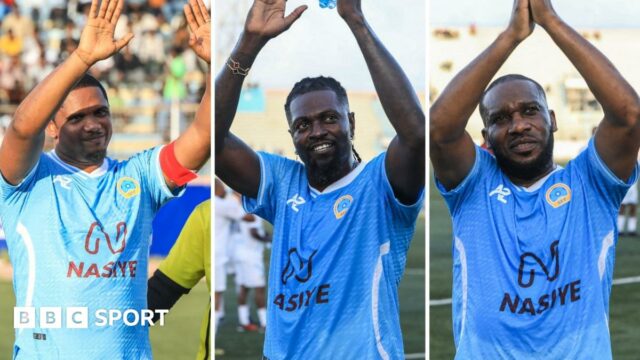 A triptych showing Samuel Eto'o, Emmanuel Adebayor and Jay Jay Okocha wearing light blue football tops and waving to the crowd from the pitch at the Mogadishu National Stadium