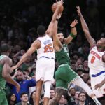 Play -off NBA na východnej New York Conference Knicks vs Boston Celtics Mikal Bridges Jayson