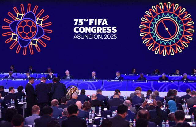 Všeobecný pohľad počas 75. kongresu FIFA v ústredí Conmebolu v Luque, Paraguay, prevzatý 15. mája 2025 (