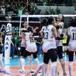 La Salle Lady Spikers oslavuje po tom, čo vyhrala zlaté tigre v Final Four, aby pokročili v ženskej volejbalovej sezóne UAAP 87.