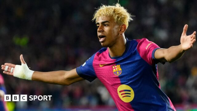 Lamine Yamal of Barcelona celebrates after scoring.