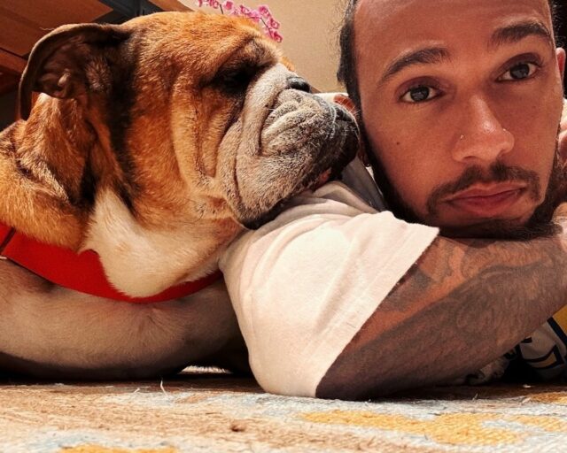 Vodič Ferrari F1, Lewis Hamilton, so svojím psom Roscoe.