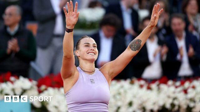 Aryna Sabalenka celebrates winning the Madrid Open