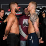 Londýn, Anglicko -23. júla: (LR) Mason Jones z Walesu kopne Ludovita Kleina zo Slovenska v ľahkom boji počas UFC Battle Night Night Action v O2 Arena 23. júla 2022 v Londýne v Anglicku. (Foto: Jeff Bottari/Zuffa LLC)