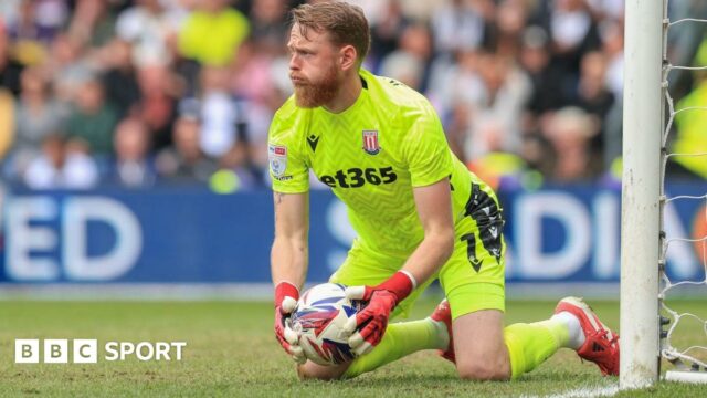 Stoke City goalkeeper Viktor Johansson holds the ball after making a save in the 0-0 draw at Derby