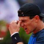Jack Draper shows his frustration during his Italian Open defeat by Carlos Alcaraz