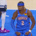 Shai Gilgeous-Alexander z Oklahoma City, Shai Gilgeous-Alexander, po hre proti Minnesote Timberwolves v prvej polovici 2. hry série play-off zo západnej basketbalovej konferencie v NBA vo štvrtok 22. mája 2025 v Oklahoma City.