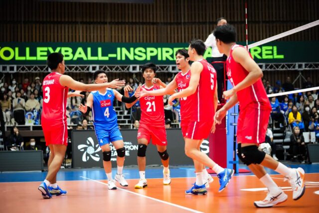 Alas Pilipinas v akcii počas Ligy majstrov AVC proti Osaka Blueton