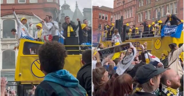 Zdá sa, že Leeds Star potvrdzuje, že spoluhráč opúšťa klub, zatiaľ čo na prehliadke Boozy Bus Futbalový šport

