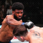 Las Vegas, Nevada -Januar 11: Jacobe Smith reaguje po knockoutovom víťazstve proti Prestonovi Parsonsovi v welterweight Wrestling počas udalosti UFC Fight Night na UFC Apex 11. januára 2025 v Las Vegas v Nevade. (Foto: Chris Unger/Zuffa LLC s obrázkami Getty)