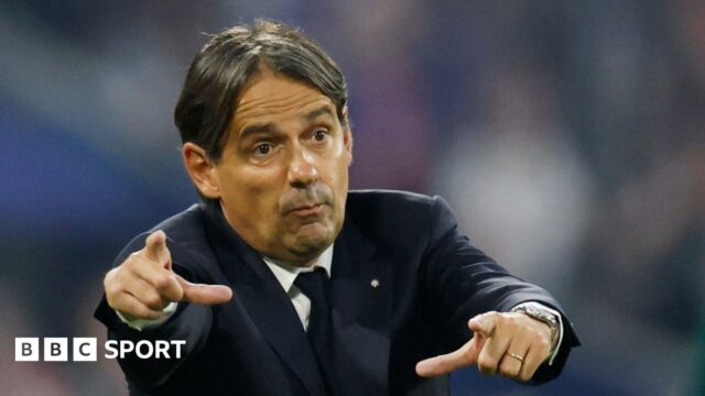 Coach Simone Inzaghi signals to his Inter Milan players during the 2025 Champions League final