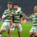 Nicolas Kuhn oslavuje gól Ligy majstrov proti RB Leipzig v Parkhead