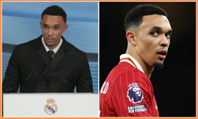 Trent Alexander-Arnold drží real Madrid košeľu s Florentino Pérezom