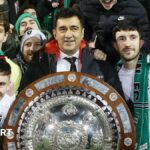 Ali Pour (centre) celebrates Glentoran's County Antrim Shield victory last season