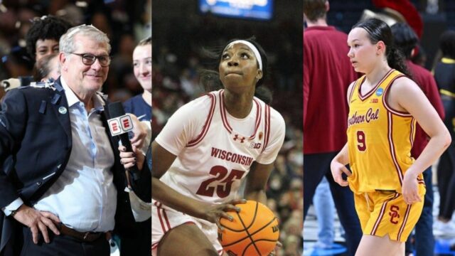Popredný tréner spoločnosti UConn Geno Auriemma dostáva Trophy trénerov WBCA po tom, čo Huskies porazil Južnú Karolína Gamecocks na národnom šampionáte národného turnajového šampionátu 2025. Foto: Imagn: Imagn