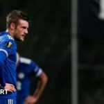 Jamie Vardy stands disappointed after a Europa League game