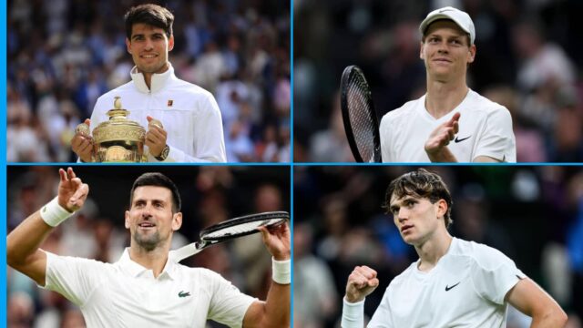 Jannik Sinner, Carlos Alcaraz, Novak Djokovic, hlavička Jack Draper


