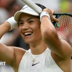 Emma Raducanu celebrates winning a point at Wimbledon in 2024