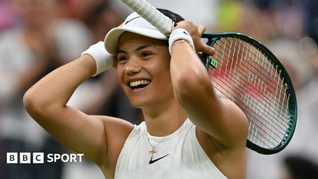 Emma Raducanu celebrates winning a point at Wimbledon in 2024