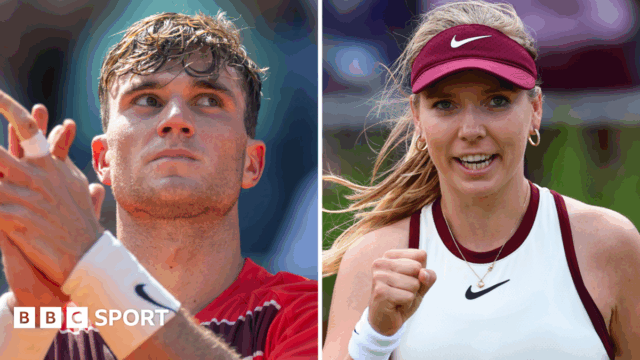 A composite image of Jack Draper and Katie Boulter celebrating a point