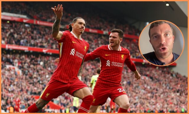 Darwin Núñez a Andrew Robertson oslavujú Liverpool proti Southamptonu