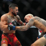 Las Vegas, Nevada - 28. júna: (RL) Gregory Rodrigues z Brazílie reaguje na jeho knockout Jacka Hermanssona zo Švédska v strednej ťažkej bitke počas udalosti UFC 317 v T -mobile aréne 28. júna 2025 v Las Vegas v Nevade. (Foto: Josh Hedges/Zuffa LLC)