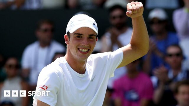 Oliver Tarvet celebrates his first-round win at Wimbledon