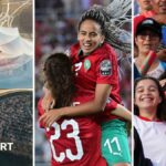 A triptych showing, left, an artist's impression of the Stade Hassan II, centre, Rosella Ayane and Fatima Tagnaout celebrating a goal and, right, two female Morocco fans