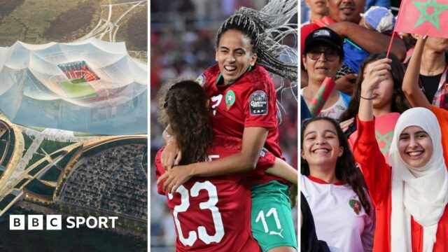 A triptych showing, left, an artist's impression of the Stade Hassan II, centre, Rosella Ayane and Fatima Tagnaout celebrating a goal and, right, two female Morocco fans