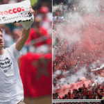 Zápas Majstrovstiev sveta FIFA Club vo Philadelphii, ktorý sa udeľuje demonštrantmi, Smoke Flames