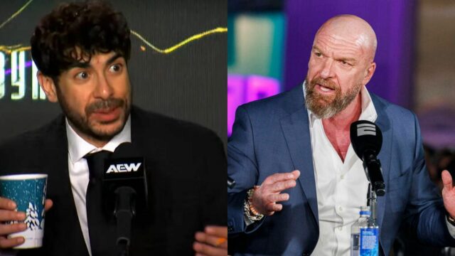 AEW president Tony Khan (left) and WWE CCO Triple H (right). (Image credits: AEW YouTube channel &amp; wwe.com)