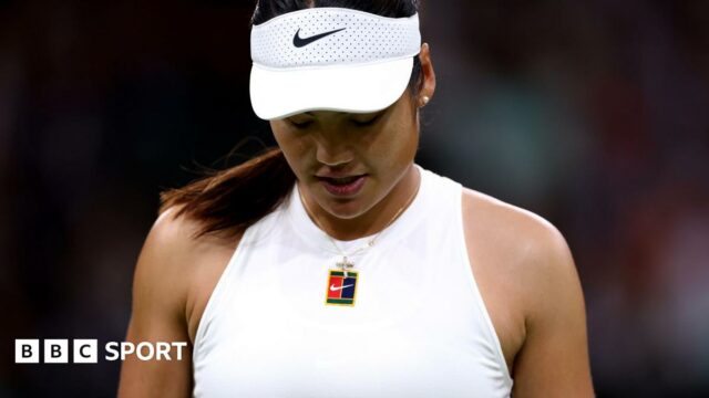Emma Raducanu reacts to a point during her Wimbledon third round match against Aryna Sabalenka