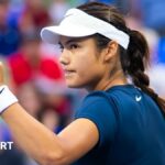 Emma Raducanu celebrates winning a point against Peyton Stearns in Montreal