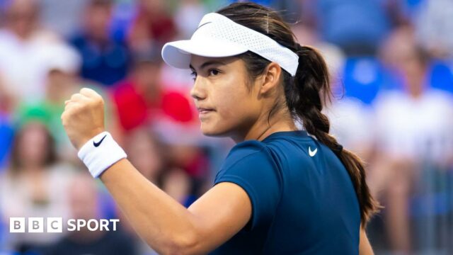 Emma Raducanu celebrates winning a point against Peyton Stearns in Montreal