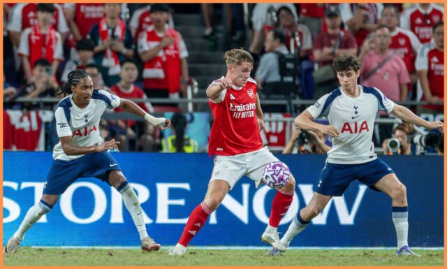 Martin Odegaard, syn Heung-Min a Max Dowman v akcii počas priateľskej prezenty medzi Arsenalom a Tottenhamom