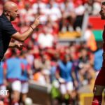 Arne Slot gives instructions to Diogo Jota