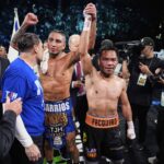 Mario Barrios, vľavo, a Manny Pacquiao reaguje po boji proti väčšinovej kravate v tituloch s ťažkými váhami v sobotu 19. júla 2025 v Las Vegas